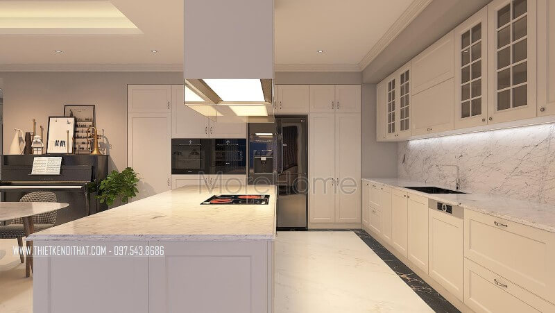 Phòng bếp được thiết kế sang trọng trong gam màu trắng tinh khôi với thiết bị bếp được lựa chọn mẫu thiết bị cao cấp nhất Nội thất phòng bếp