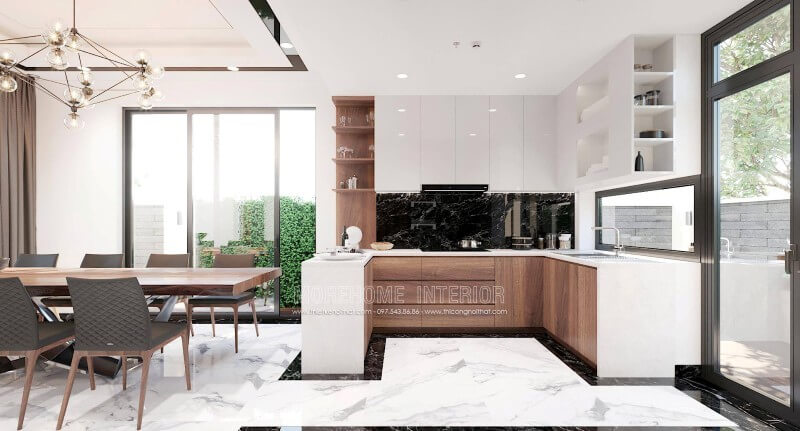 Thiết kế nội thất phòng bếp biệt thự liền kề với khu vực ăn uống tạo sự thuận tiện nhất cho gia chủ Nội thất phòng bếp