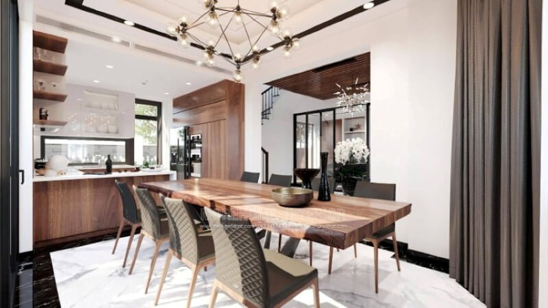 Sẽ là một gợi ý sáng tạo sẽ khiến bạn thích thú như trong ý tưởng thiết kế không gian bếp hiện đại biệt thự Vinhomes Imperia Hải Phòng trong đây, bố trí kệ trang trí ở vị trí gần bàn ăn nhất giúp bạn lấy ly, chén một cách thuận tiện. Nội thất phòng bếp