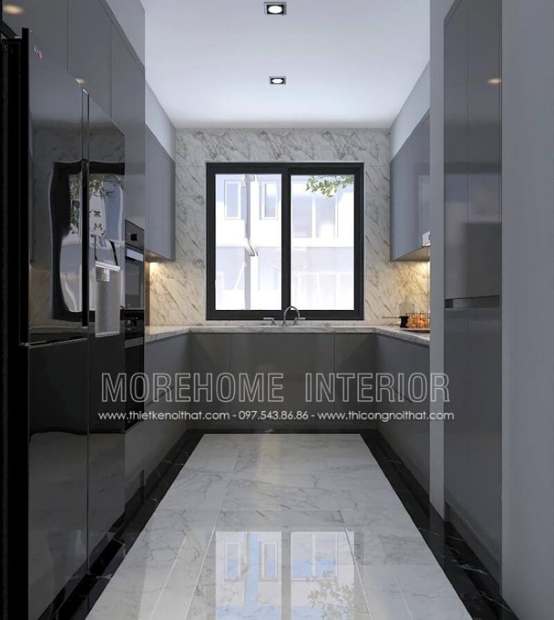 Xu hướng bố trí nội thất phòng bếp sử dụng gỗ công nghiệp acrylic màu xám cùng mảng tường lớn được trang trí bởi đá nhân tạo có vân là điểm nhấn đáng chú ý để bạn có thể rút ngắn thời gian vệ sinh phòng bếp mà vẫn giữ nguyên vẹn vẻ đẹp như ban đầu. Nội thất phòng bếp