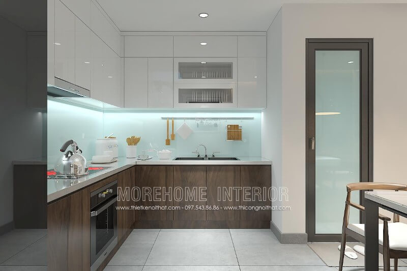 Bố trí tủ bếp chữ L hiện đại, các ngăn tủ được phân chia hợp lí giúp gia chủ thuận tiện hơn trong việc lưu trữ vật dụng nhà bếp và nấu nướng Tủ bếp hiện đại