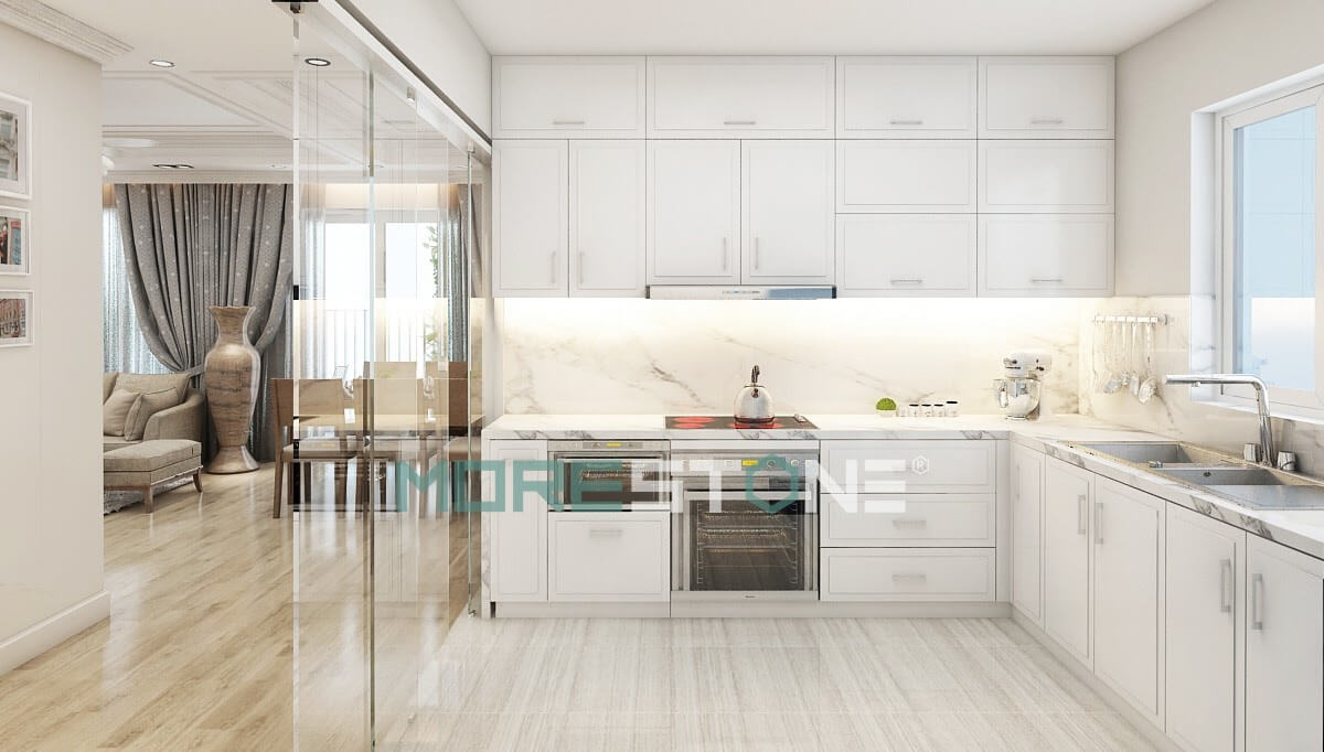 Đá trắng vân mây có độ cứng cao, chịu nhiệt tốt Thiết kế nhà bếp đẹp
