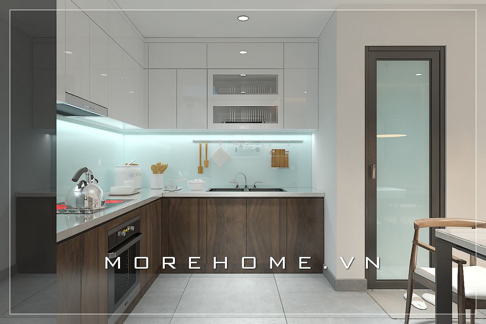Thiết kế nội thất phòng bếp gỗ công nghiệp hiện đại cùng hệ thống thiết bị bếp đầy đủ tạo nên không gian tiện lợi cho người nội trợ Thiết kế nhà bếp đẹp