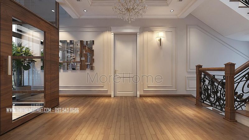 Chiếu tới cầu thang tân cổ điển rộng và nhiều ánh sáng - là nơi để dừng chân trước khi di chuyển lên các tầng cũng như bước vào các căn phòng.