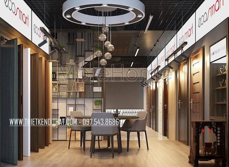 KTS MoreHome đã tạo ra một showroom trưng bày cửa gỗ công nghiệp ATA với thiết kế hiện đại, sử dụng không gian tinh tế để trình bày các sản phẩm cửa gỗ đẹp mắt.